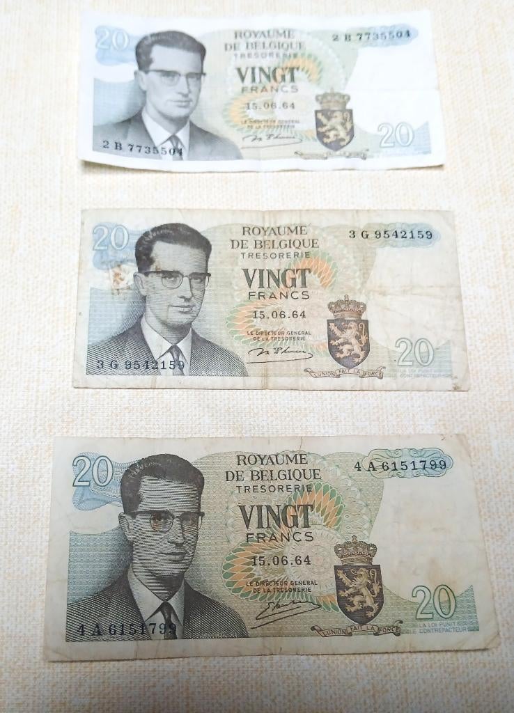 3 Bankbiljetten van 20 Belgische frank 1964, Postzegels en Munten, Bankbiljetten | België, Ophalen of Verzenden, Setje