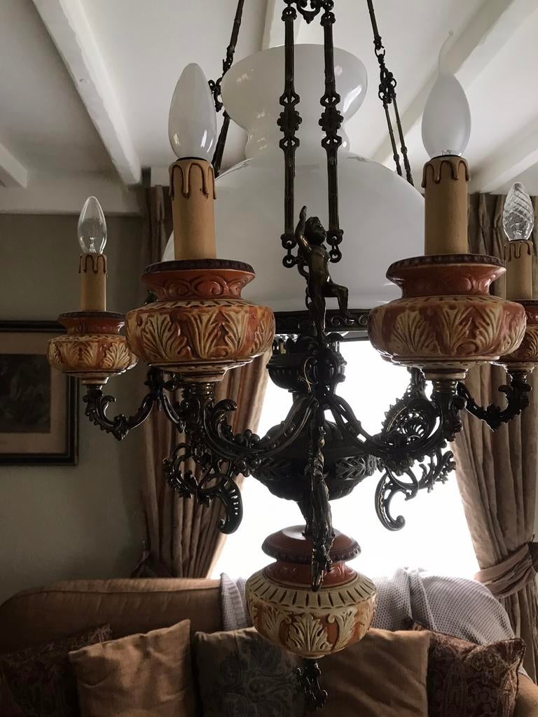 Luster met witte glazen kap, Ophalen of Verzenden, Zo goed als nieuw