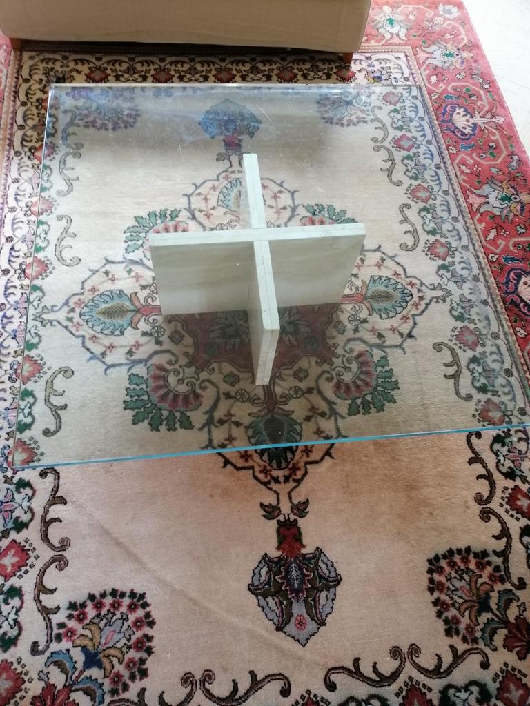 Table de salon en verre et travertin, 100 à 150 cm, Moins de 50 cm, Carré, 100 à 150 cm