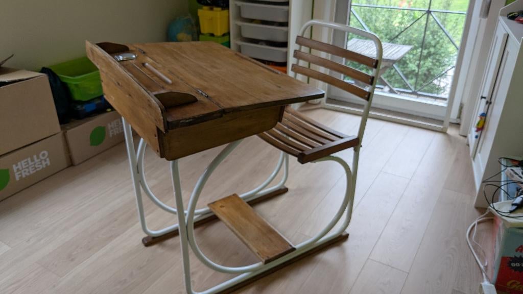Bureau d'écolier vintage bois & métal TB état, Maison & Meubles, Enlèvement, Utilisé