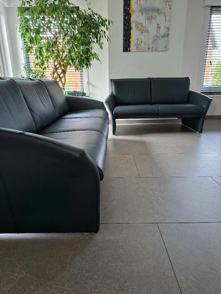 Lederen salon 3+2 zit – zeer nette staat – antraciet, Huis en Inrichting, Ophalen, 125 cm of meer, Leer, Zo goed als nieuw