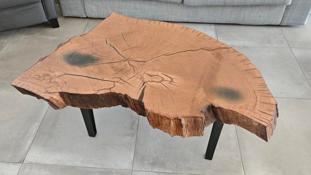 Massief eiken salontafel met epoxy gevuld HANDGEMAAKT!, Huis en Inrichting, Ophalen