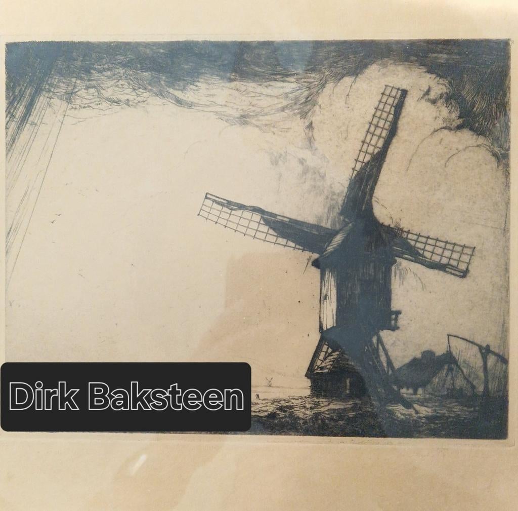 Dirk Baksteen | Molen van Achterbosch, Ets met reliëfstempel, Antiek en Kunst, Kunst | Etsen en Gravures, Ophalen, Ets, Met monogram