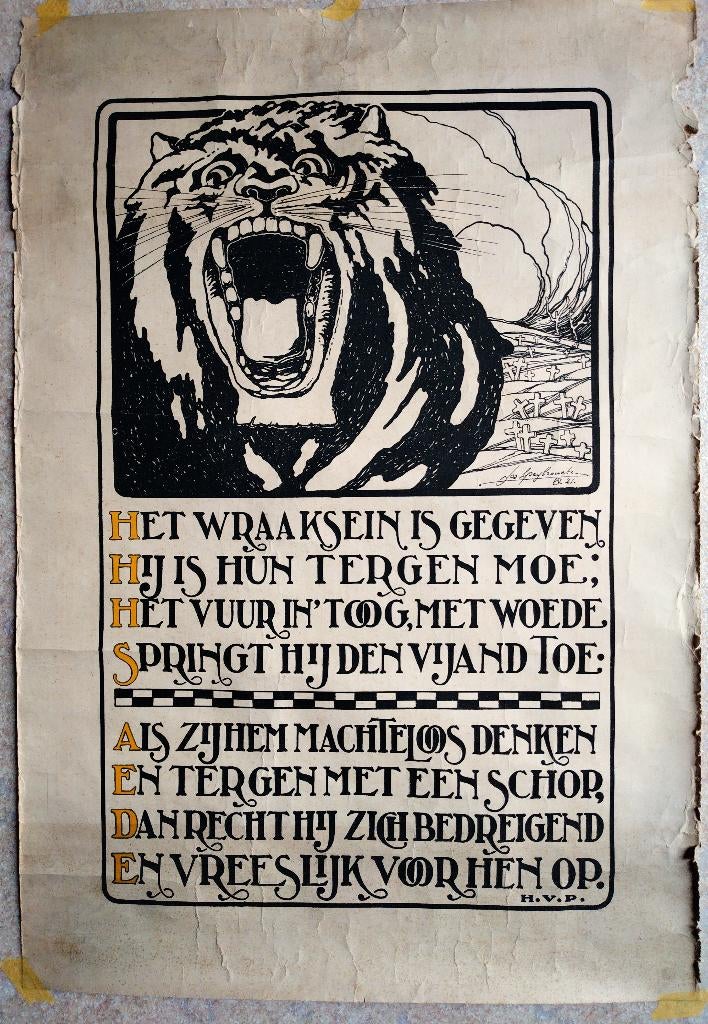 Poster met Leeuw door J Speybrouck en tekst uit volkslied, Ophalen of Verzenden