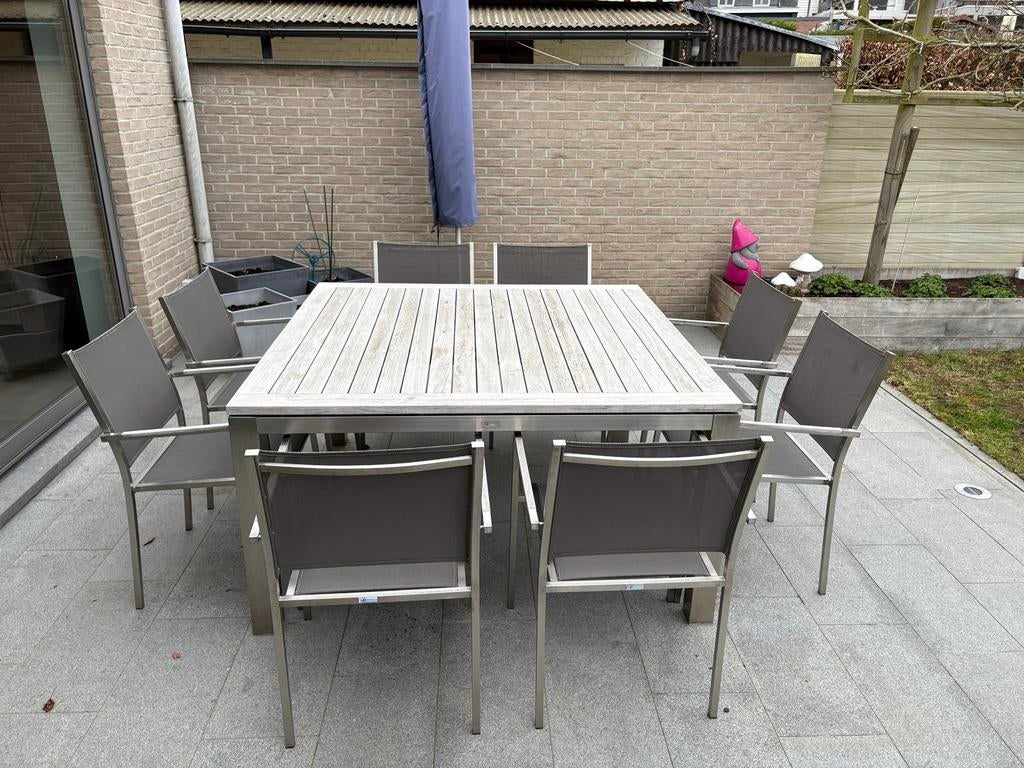 Inox tuintafel met 8 stoelen, Ophalen, Inox, Gebruikt, 8 zitplaatsen