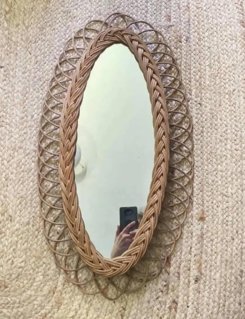 Vintage rotan spiegel, Huis en Inrichting, Ophalen, Minder dan 50 cm, Gebruikt, Minder dan 100 cm