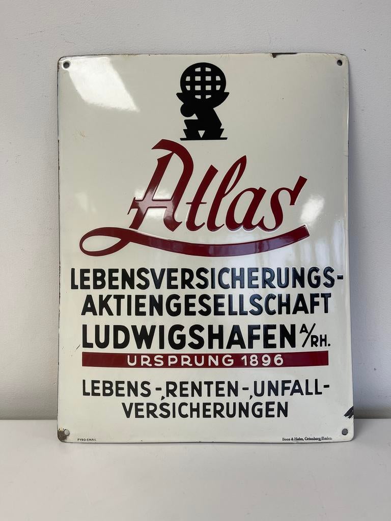 Atlas verzekeringen emaille bordje, Ophalen of Verzenden, Gebruikt, Reclamebord
