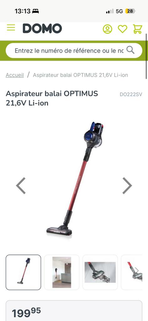Aspirateur balai Domo OPTIMUS 21,6V Li-ion - Modèle DO222SV, Enlèvement ou Envoi, Comme neuf, Réservoir, Aspirateur