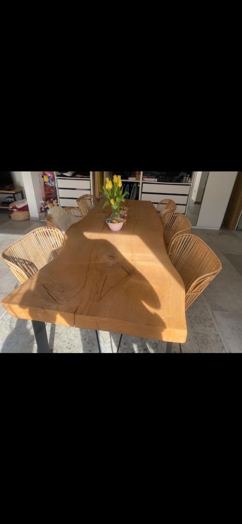 boomstamtafel met stoelen, Huis en Inrichting, Ophalen, Eikenhout, 200 cm of meer, 50 tot 100 cm