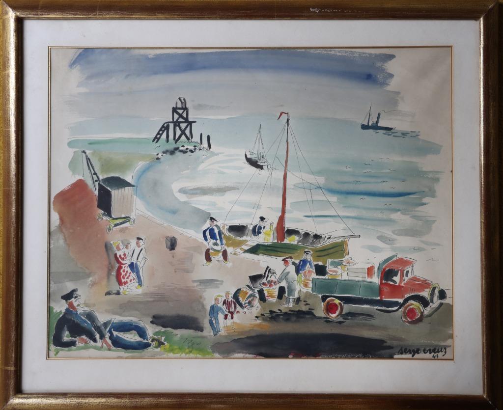 Serge Creuz inktgouache 1943 Port North Sea - Antwerp Marine, Antiek en Kunst, Kunst | Schilderijen | Modern, Ophalen