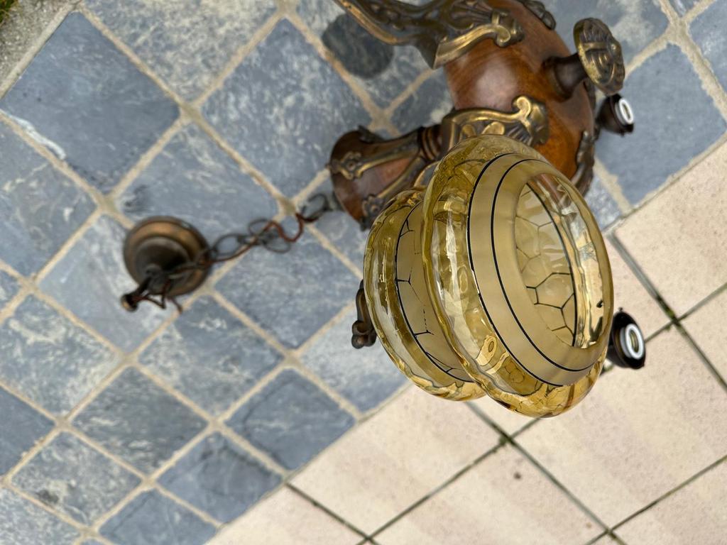 Lustre Vintage Art Déco 5 Bois & Laiton - Globes Ambrés, Enlèvement