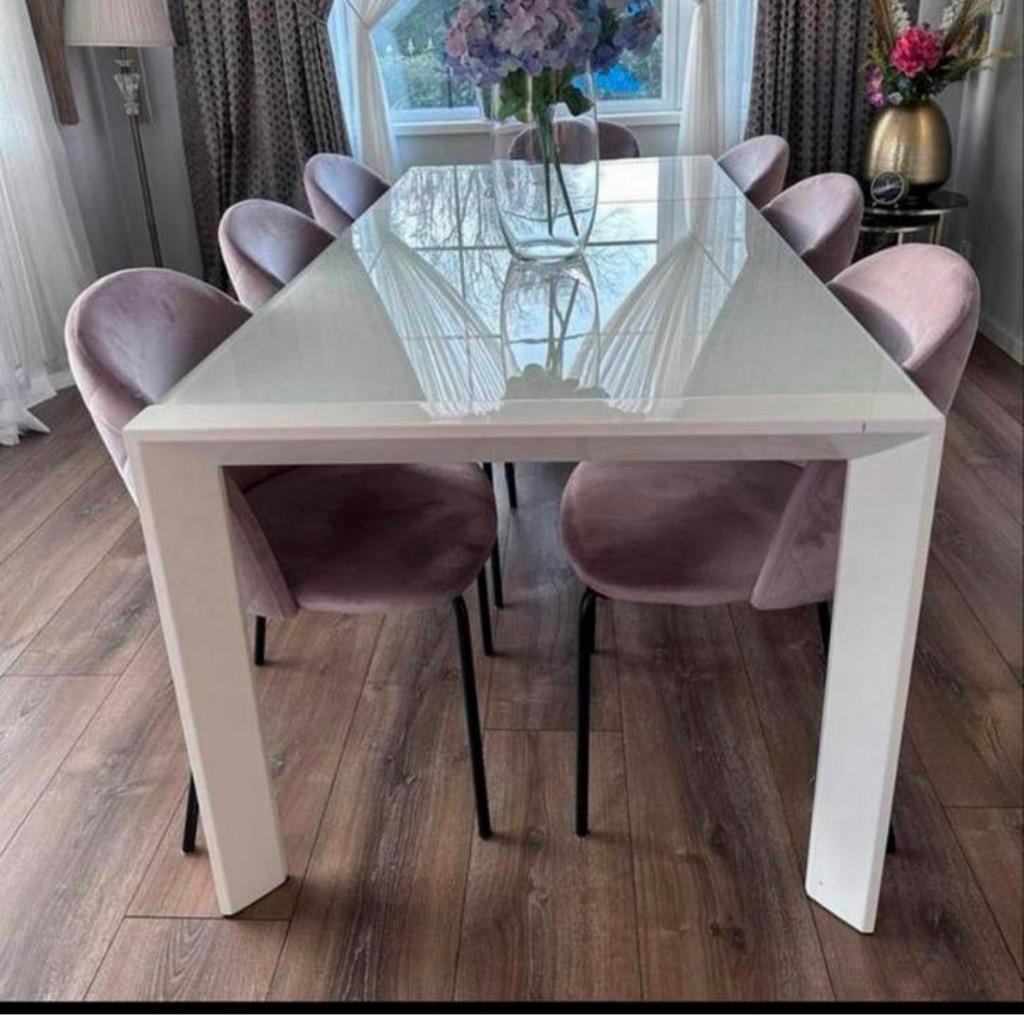 Metalen poten en glazen blad tafel ( UITSCHUIFBAAR ) Weba., Huis en Inrichting, Tafels | Eettafels, Gebruikt, 50 tot 100 cm, 200 cm of meer