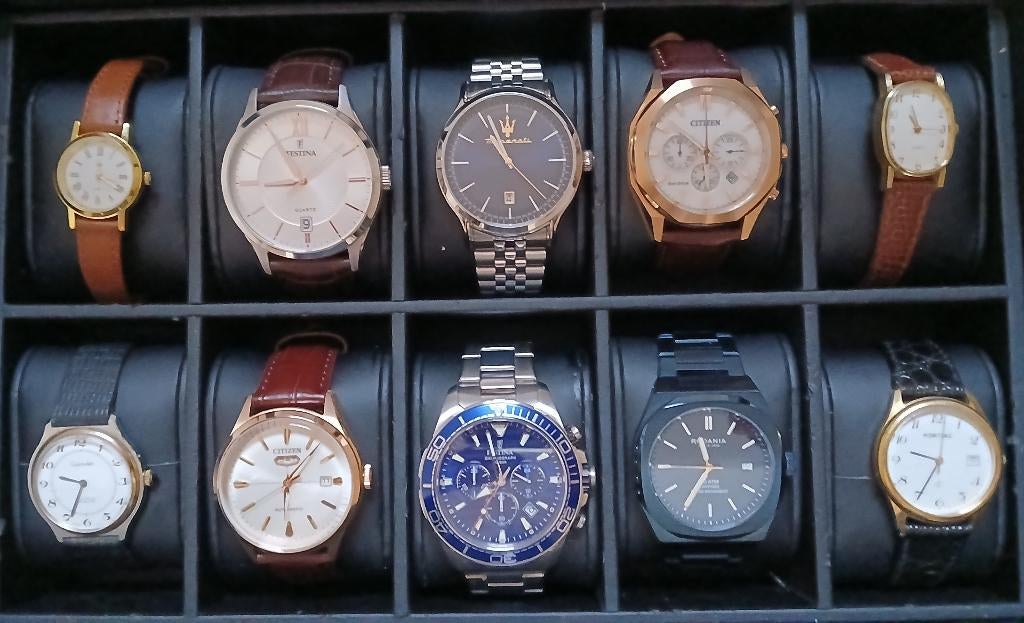 Horloge Box – Rodania, Maserati, Citizen, Festina + box, Gebruikt, Staal, Polshorloge, Overige materialen