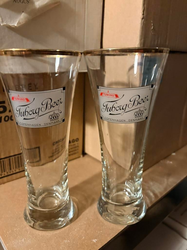 Originele Tuborgh met gouden randje  fluit glazen, Ophalen, Gebruikt, Glas of Glazen, Overige merken