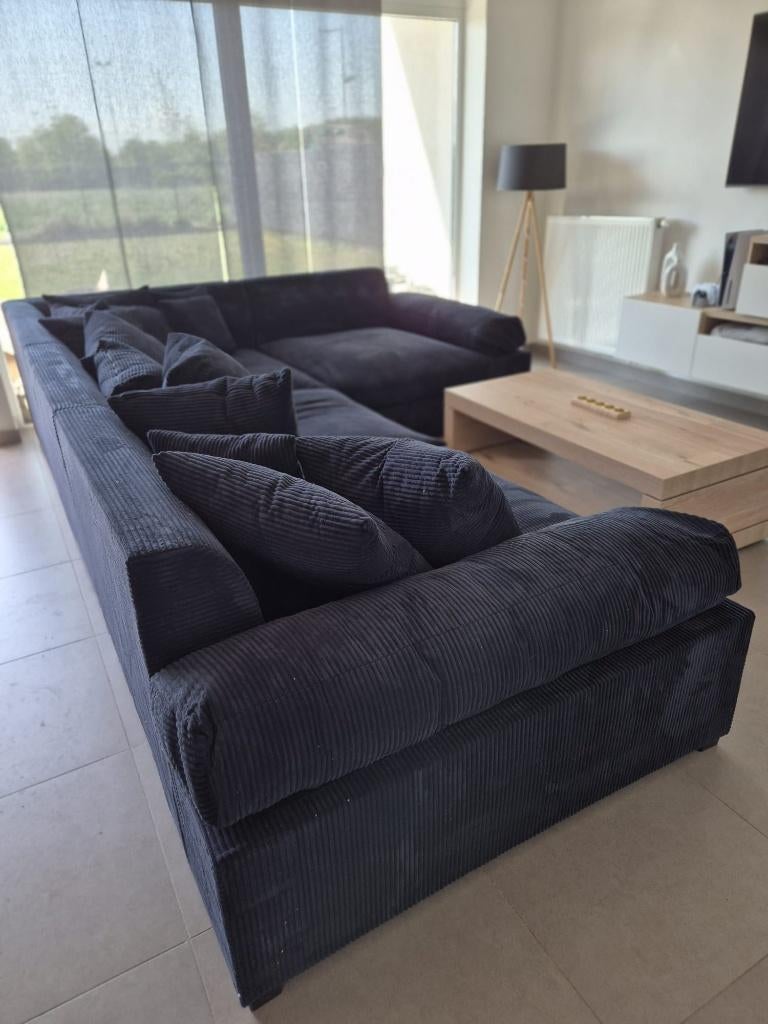 Moderne hoekzetel in ribfluweel + poef – nieuwstaat, Ophalen of Verzenden, Zo goed als nieuw, Vierpersoons of meer, Hoekbank