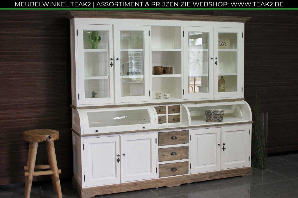 Nieuwe witte kasten - buffetkast en vitrinekast bij TEAK2, Huis en Inrichting, Kasten | Buffetkasten, Nieuw, Met lade(s), Met deur(en)