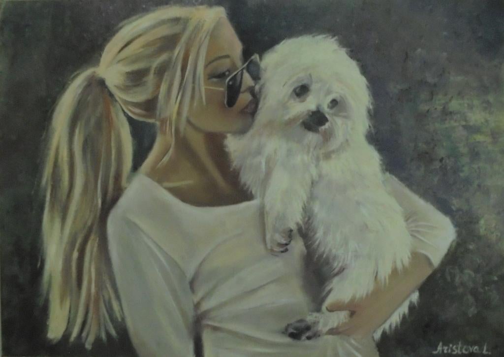 olieschilderij girl/westie (50x70cm), Ophalen of Verzenden