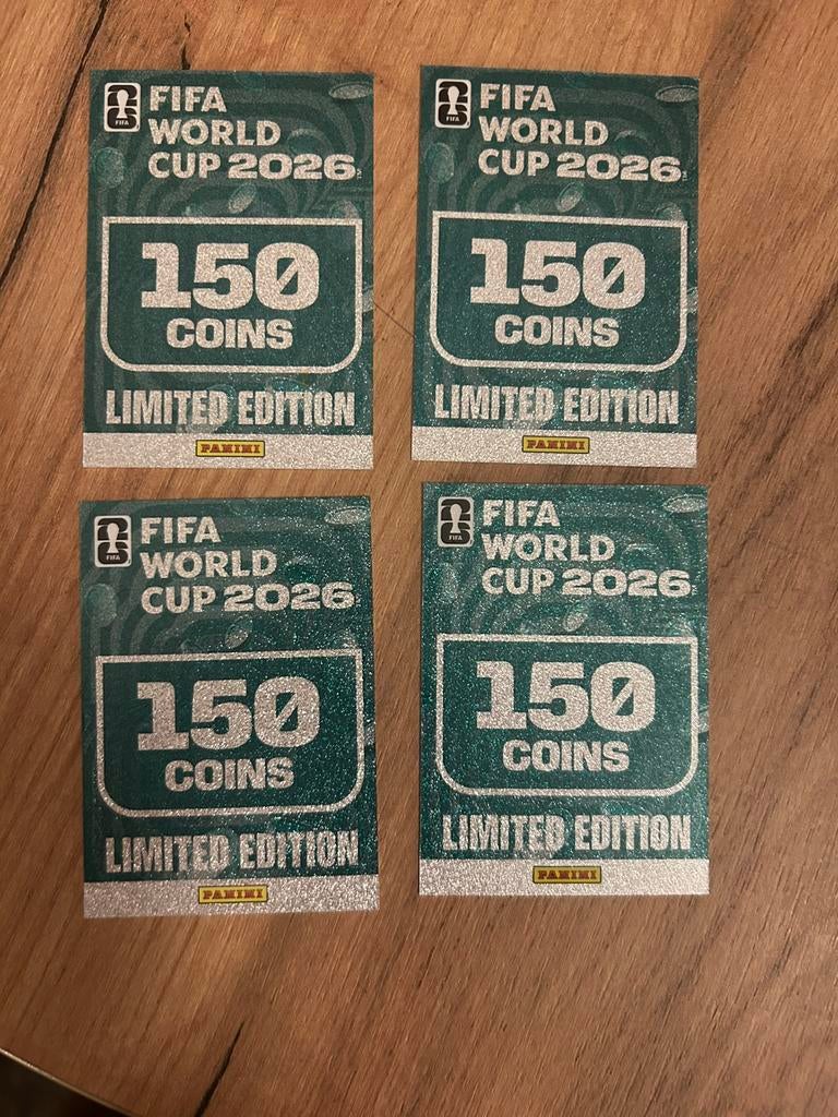 Panini Fifa world cup 2026 4 keer 150 Coins cards, Ophalen of Verzenden, Nieuw, Meerdere plaatjes