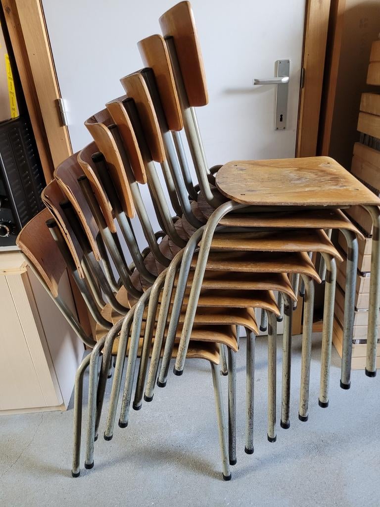 Set van 9 vintage schoolstoelen - Tubax-stijl jaren 50-60, Brun, Enlèvement, Bois, Cinq, Six Chaises ou plus