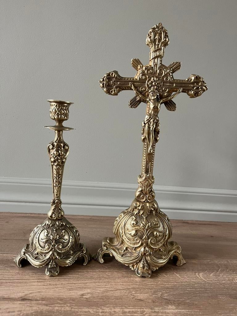 Antieke Altaarkruis & Kandelaar - Depose DL N125, Antiquités & Art, Enlèvement ou Envoi, Cuivre ou Bronze
