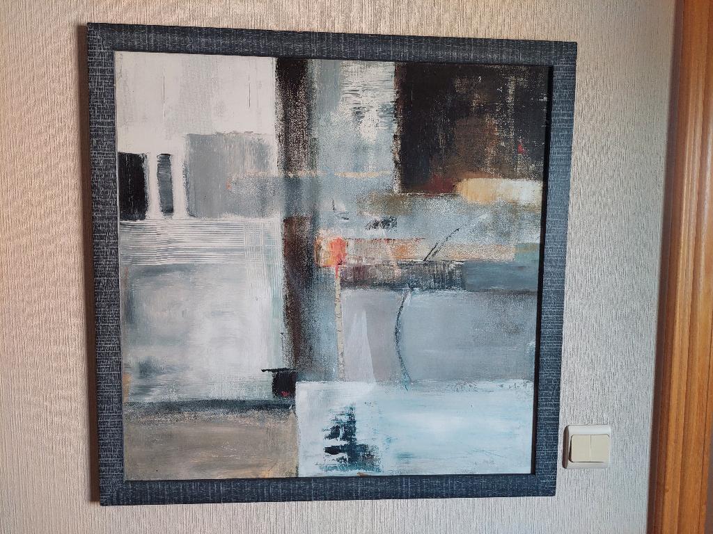 abstract werk in metalen kader, 78 x 78 cm, met glas, Ophalen, Zo goed als nieuw, Schilderij, 75 tot 100 cm