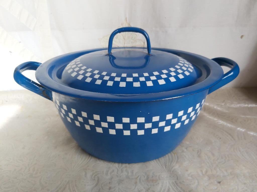 Mooie lustucru blauw witte emaille kookpot / pan, Ophalen of Verzenden