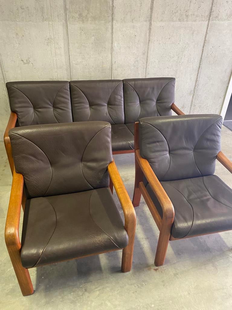 Vintage mid century Leren Bankstel:2 Fauteuils & 3-zits Bank, Ophalen, Gebruikt, 150 tot 200 cm, Driepersoons