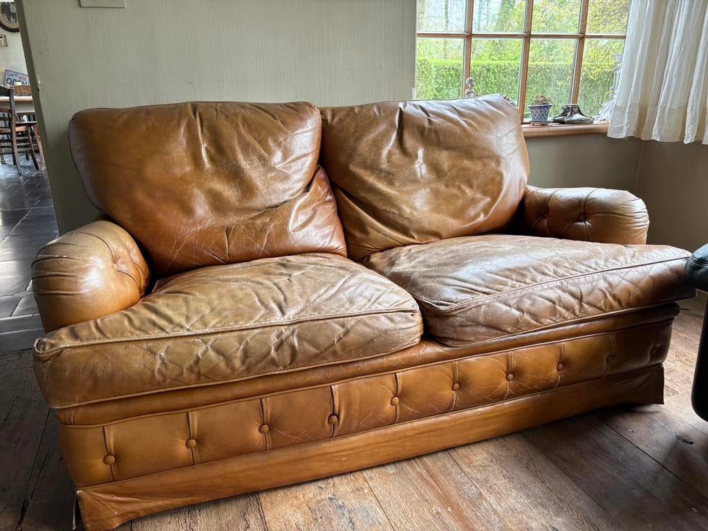 Lederen zetel engelse stijl.  Tweezit., Huis en Inrichting, Ophalen, Gebruikt, Tweepersoons, Leer