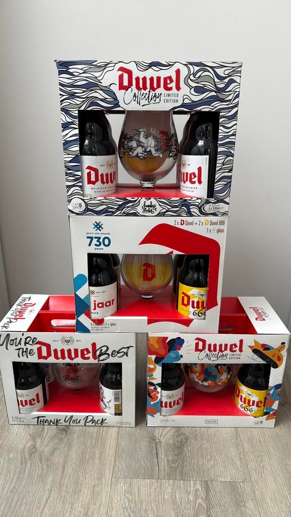 Duvel Boxen F.Sticks/Hedof/Puurs/You’re the best, Verzamelen, Ophalen, Zo goed als nieuw, Flesje(s), Duvel