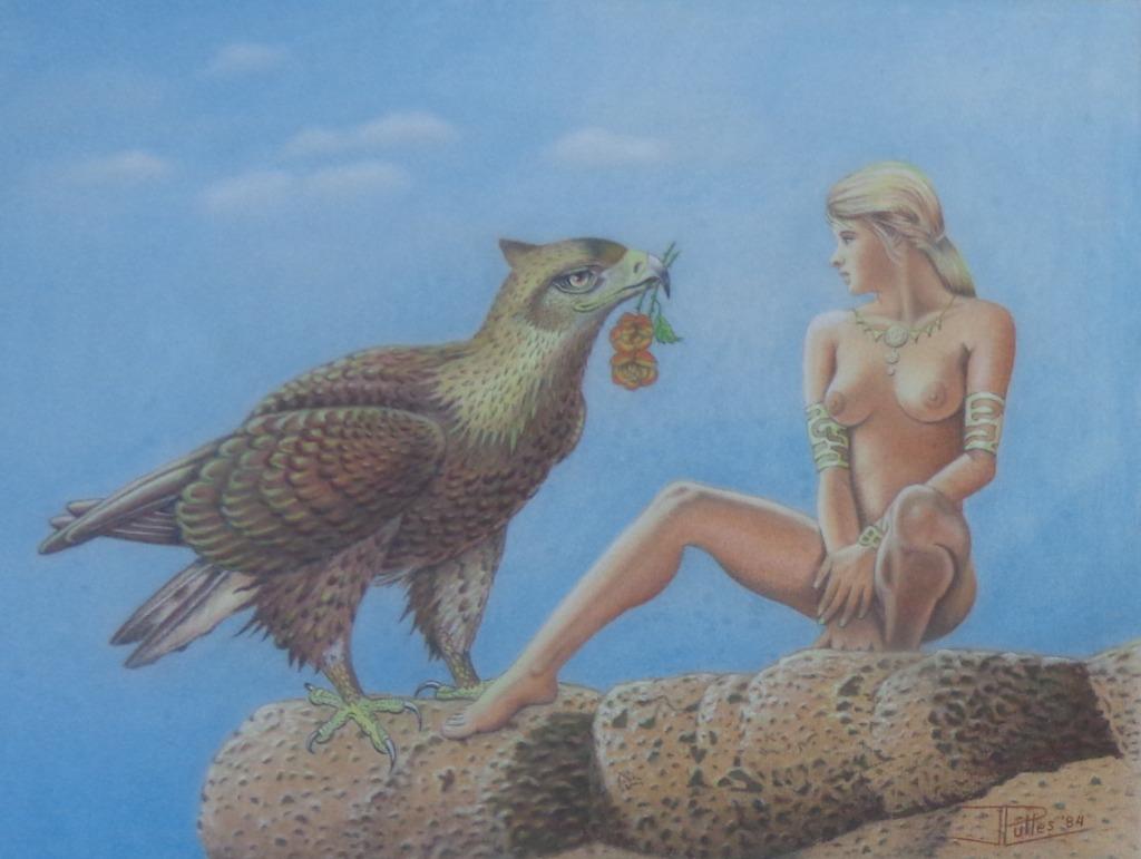 J. PULLES / NAAKTE VROUW ADELAAR / ORIGINEEL / 65x79cm KADER, Antiquités & Art, Art | Peinture | Moderne, Enlèvement