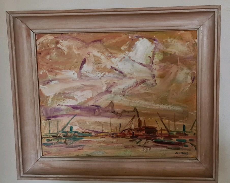 Peinture à l'huile 'Havendok' sur toile par Joz Mous, Antiquités & Art, Enlèvement