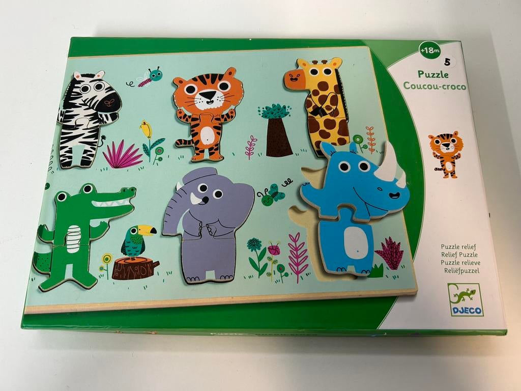 Puzzle en relief Deco Coucou Croco en bois neuf +18m, Enlèvement ou Envoi, 2 à 4 ans, Comme neuf, Moins de 10 pièces