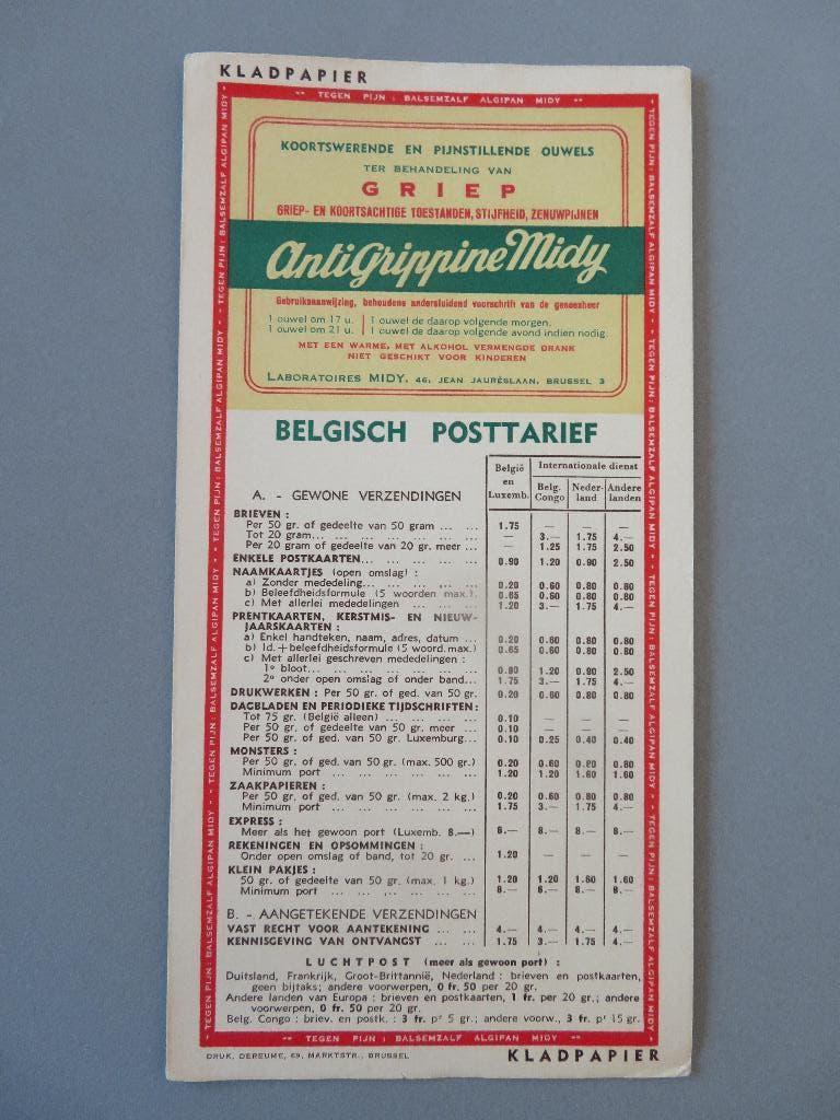 Buvard Antigrippinne Midy Griep Belgische posttarieven info, Collections, Enlèvement ou Envoi, Comme neuf, Ustensile